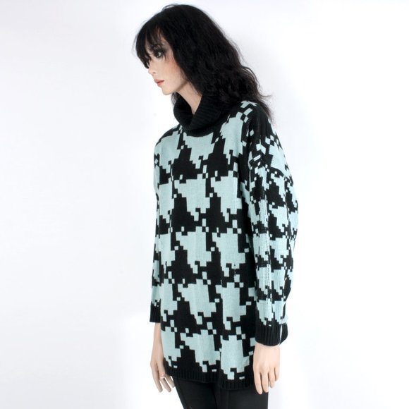 OS Vintage 90s Stefano Teal Black Oversize Houndstooth Sweater New Wave 80s - Picture 6 of 9